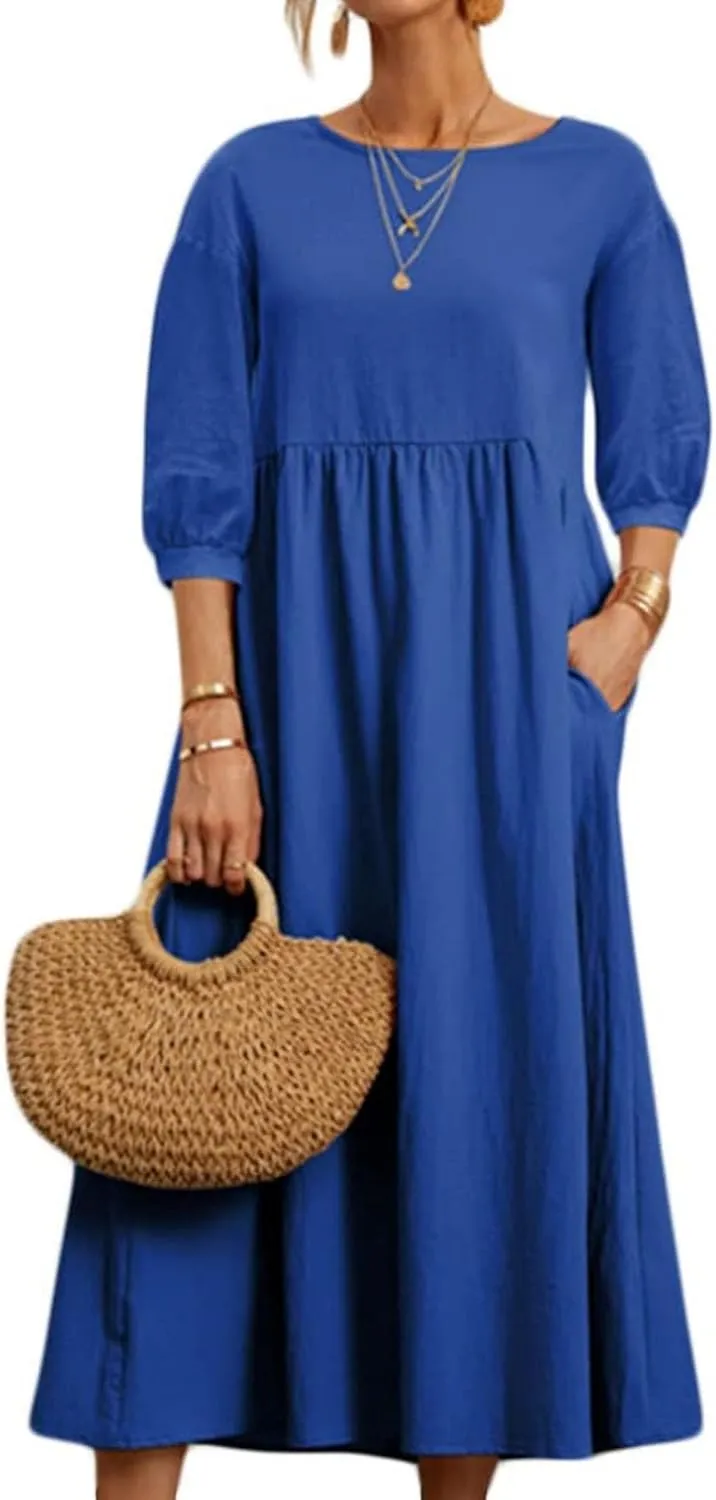 Dresses for Women Summer Cotton Linen 3/4 Sleeve Crewneck Ruffle Dress Loose Fit Casual Dresses with Pocket 2025