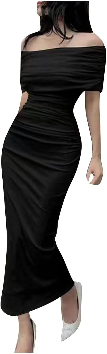 Elegant Off Shoulder Long Sleeve Ruched Bodycon Maxi Dress Wedding Guest Evening Formal Spring Long Dresses for Women 2024