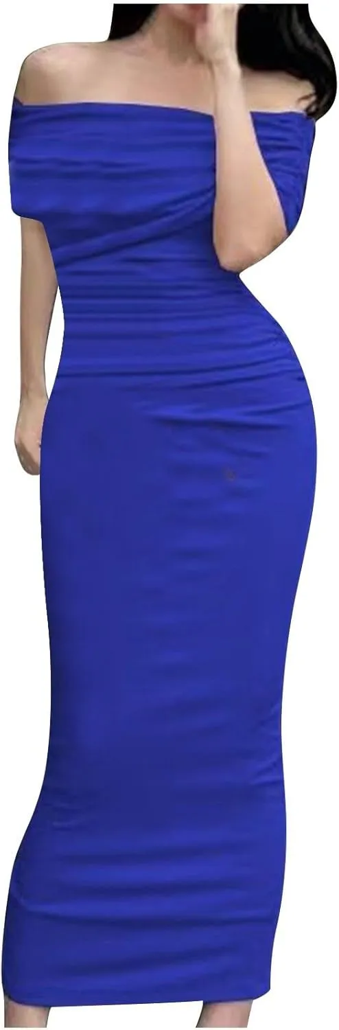 Elegant Off Shoulder Long Sleeve Ruched Bodycon Maxi Dress Wedding Guest Evening Formal Spring Long Dresses for Women 2024