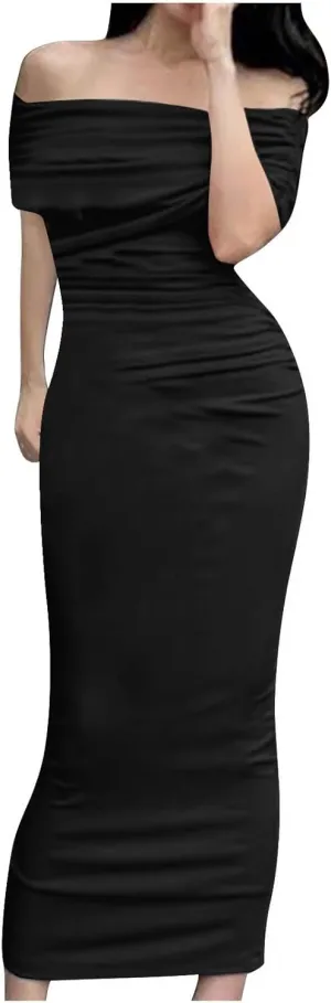Elegant Off Shoulder Long Sleeve Ruched Bodycon Maxi Dress Wedding Guest Evening Formal Spring Long Dresses for Women 2024