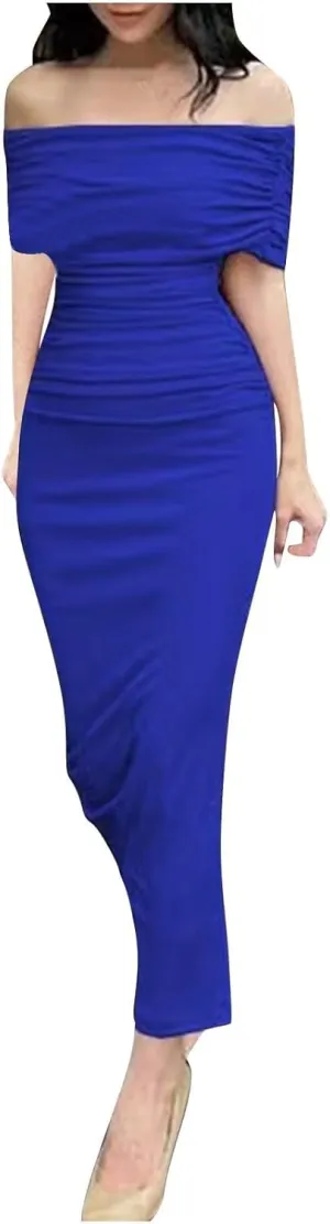 Elegant Off Shoulder Long Sleeve Ruched Bodycon Maxi Dress Wedding Guest Evening Formal Spring Long Dresses for Women 2024