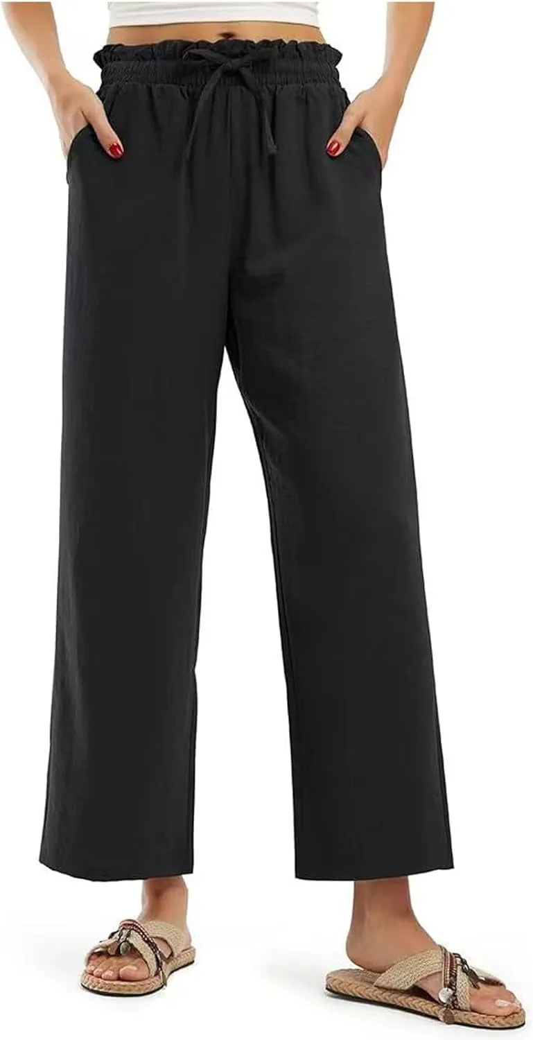 fanmpghleoo Cropped Linen Pants Women Summer Boho Beach Wide Leg Palazzo Pants Business Casual Linen Trousers with Pockets