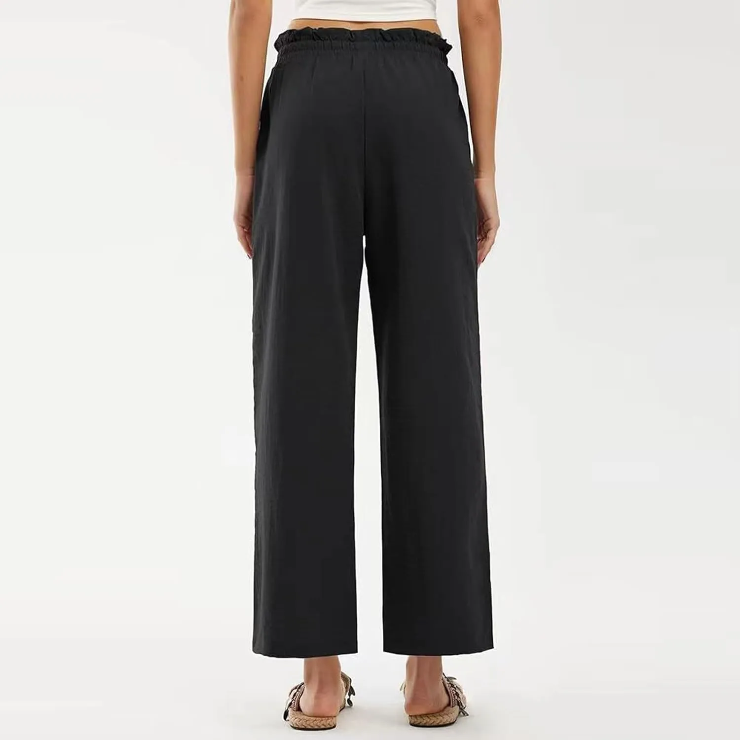 fanmpghleoo Cropped Linen Pants Women Summer Boho Beach Wide Leg Palazzo Pants Business Casual Linen Trousers with Pockets