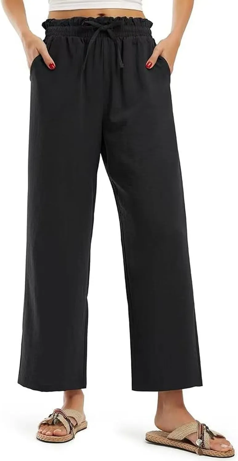 fanmpghleoo Cropped Linen Pants Women Summer Boho Beach Wide Leg Palazzo Pants Business Casual Linen Trousers with Pockets