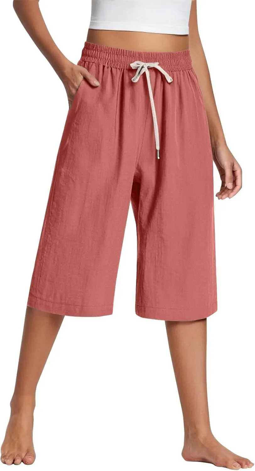 fanmpghleoo Linen Capri Pants for Women Plus Size Gaucho Linen Capris High Waisted Wide Leg Cropped Pants Comfy Lounge Pants