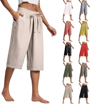 fanmpghleoo Linen Capri Pants for Women Plus Size Gaucho Linen Capris High Waisted Wide Leg Cropped Pants Comfy Lounge Pants