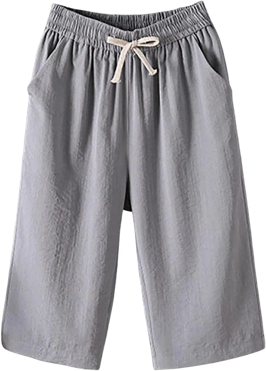 fanmpghleoo Linen Capri Pants for Women Plus Size Gaucho Linen Capris High Waisted Wide Leg Cropped Pants Comfy Lounge Pants