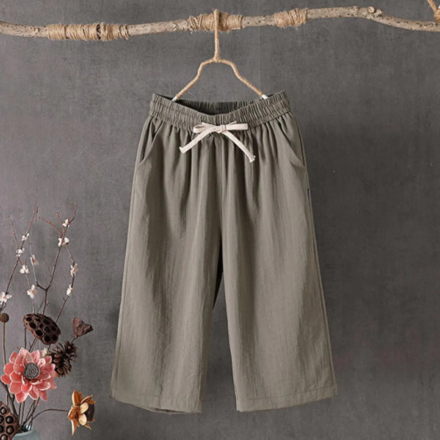 fanmpghleoo Linen Capri Pants for Women Plus Size Gaucho Linen Capris High Waisted Wide Leg Cropped Pants Comfy Lounge Pants