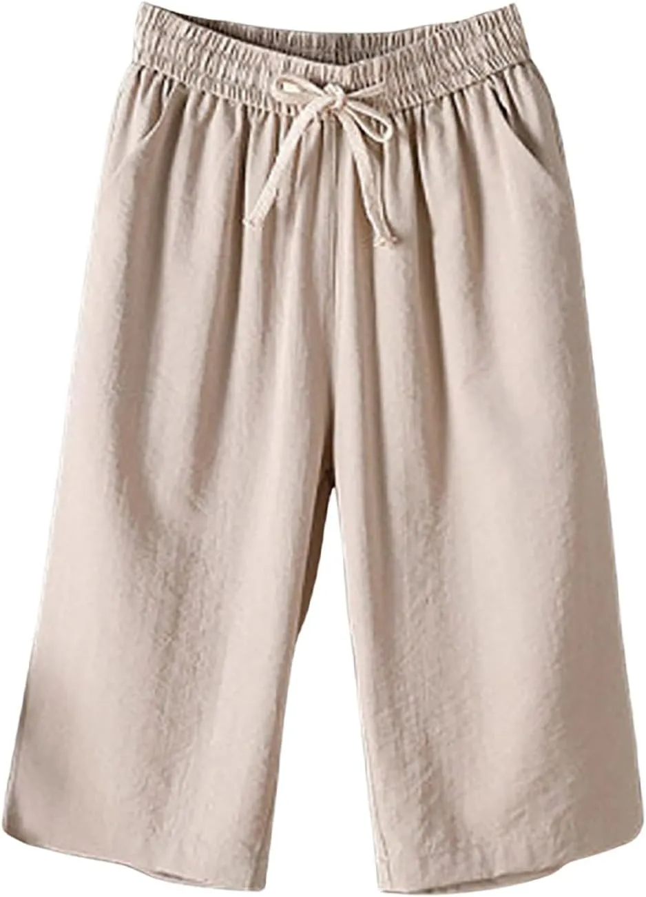 fanmpghleoo Linen Capri Pants for Women Plus Size Gaucho Linen Capris High Waisted Wide Leg Cropped Pants Comfy Lounge Pants