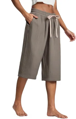 fanmpghleoo Linen Capri Pants for Women Plus Size Gaucho Linen Capris High Waisted Wide Leg Cropped Pants Comfy Lounge Pants