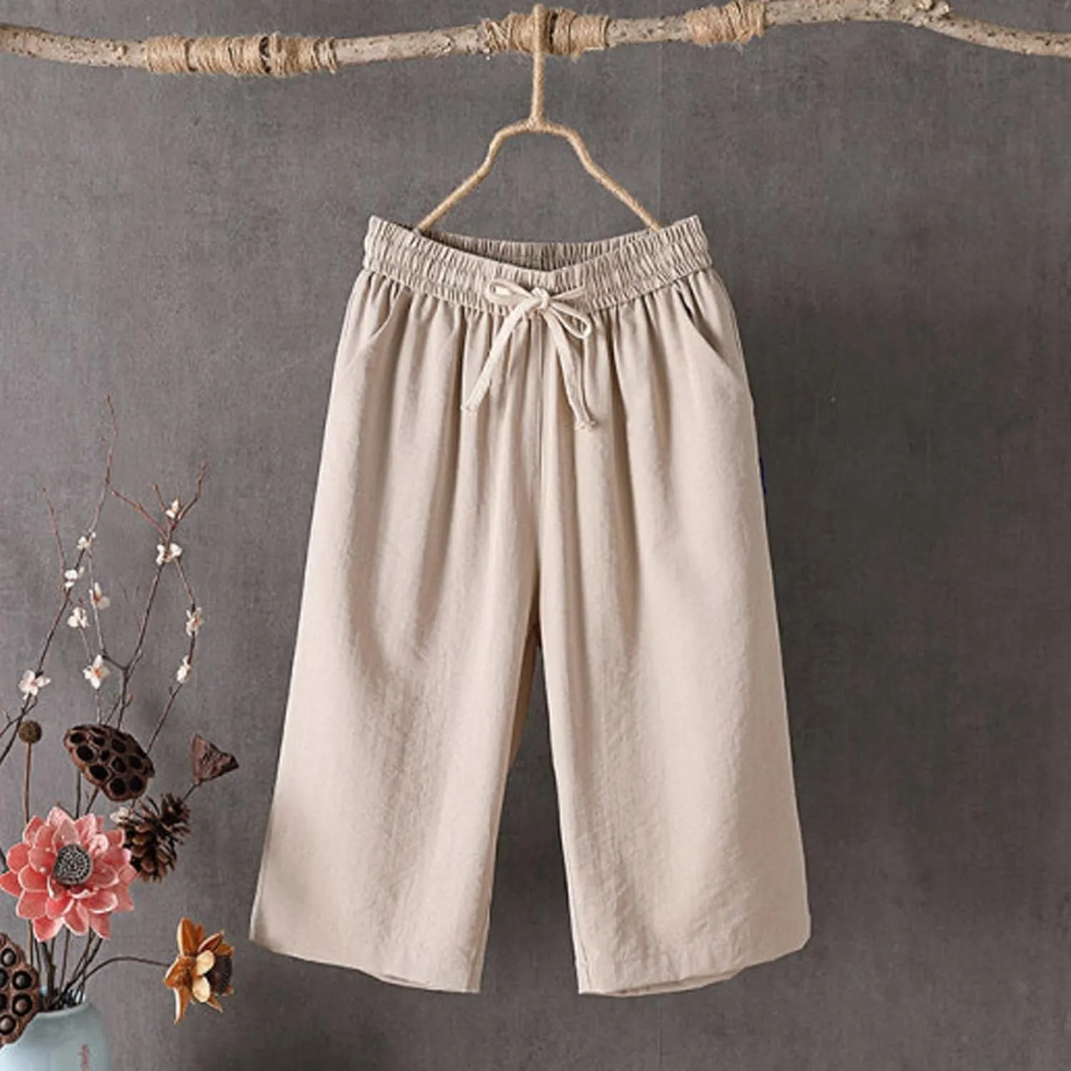 fanmpghleoo Linen Capri Pants for Women Plus Size Gaucho Linen Capris High Waisted Wide Leg Cropped Pants Comfy Lounge Pants