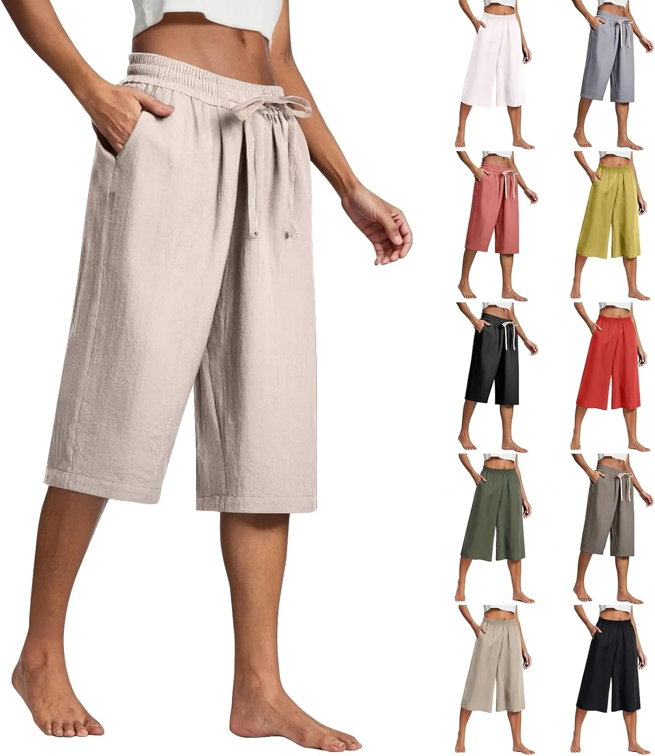 fanmpghleoo Linen Capri Pants for Women Plus Size Gaucho Linen Capris High Waisted Wide Leg Cropped Pants Comfy Lounge Pants