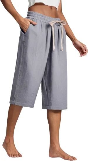 fanmpghleoo Linen Capri Pants for Women Plus Size Gaucho Linen Capris High Waisted Wide Leg Cropped Pants Comfy Lounge Pants