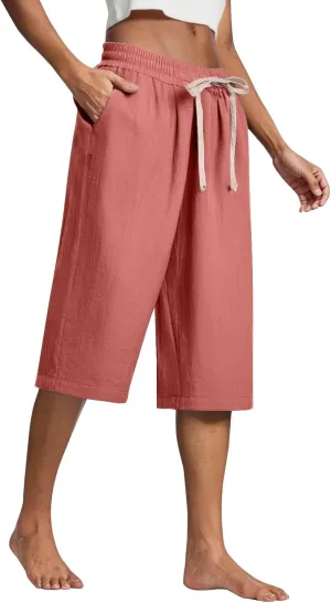 fanmpghleoo Linen Capri Pants for Women Plus Size Gaucho Linen Capris High Waisted Wide Leg Cropped Pants Comfy Lounge Pants