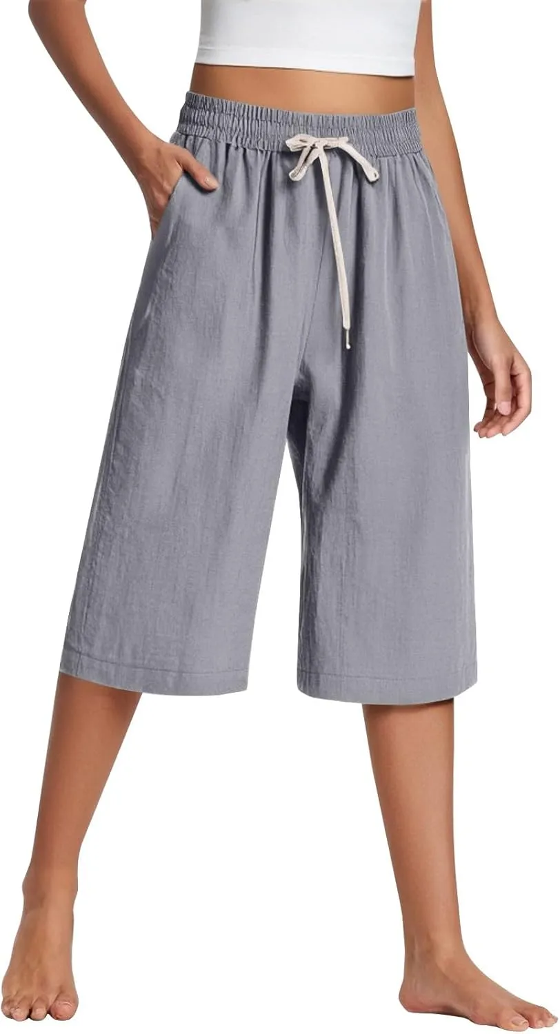 fanmpghleoo Linen Capri Pants for Women Plus Size Gaucho Linen Capris High Waisted Wide Leg Cropped Pants Comfy Lounge Pants