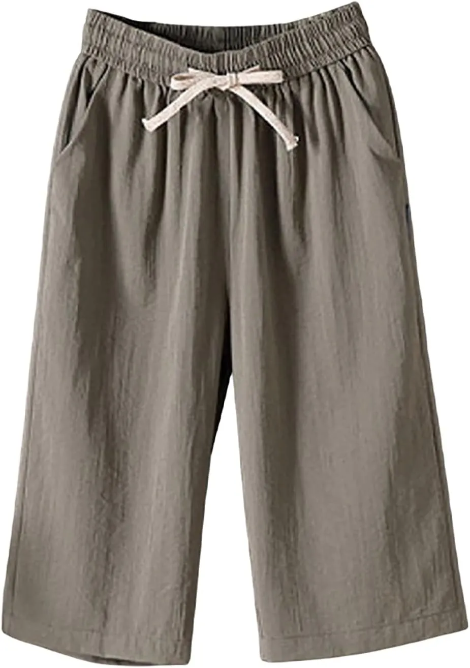fanmpghleoo Linen Capri Pants for Women Plus Size Gaucho Linen Capris High Waisted Wide Leg Cropped Pants Comfy Lounge Pants