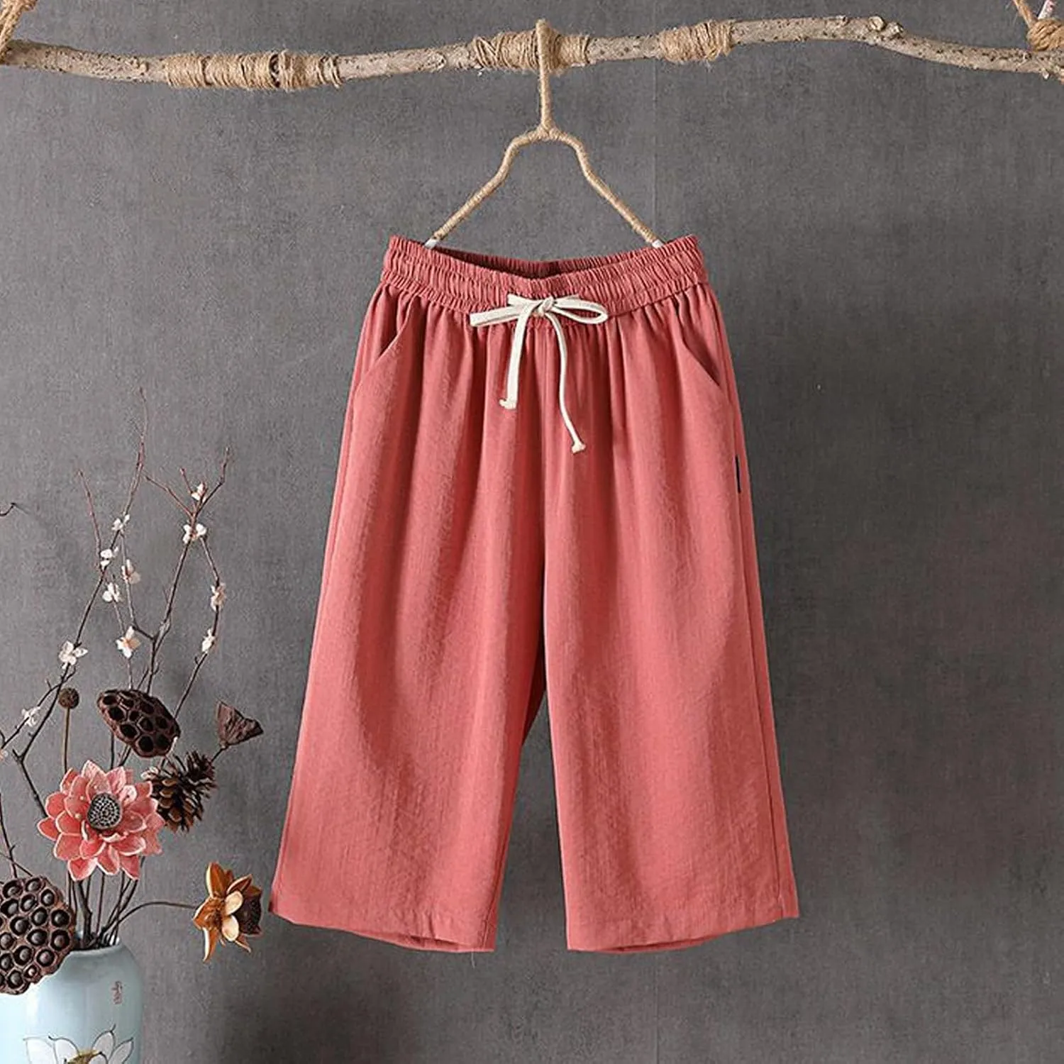 fanmpghleoo Linen Capri Pants for Women Plus Size Gaucho Linen Capris High Waisted Wide Leg Cropped Pants Comfy Lounge Pants