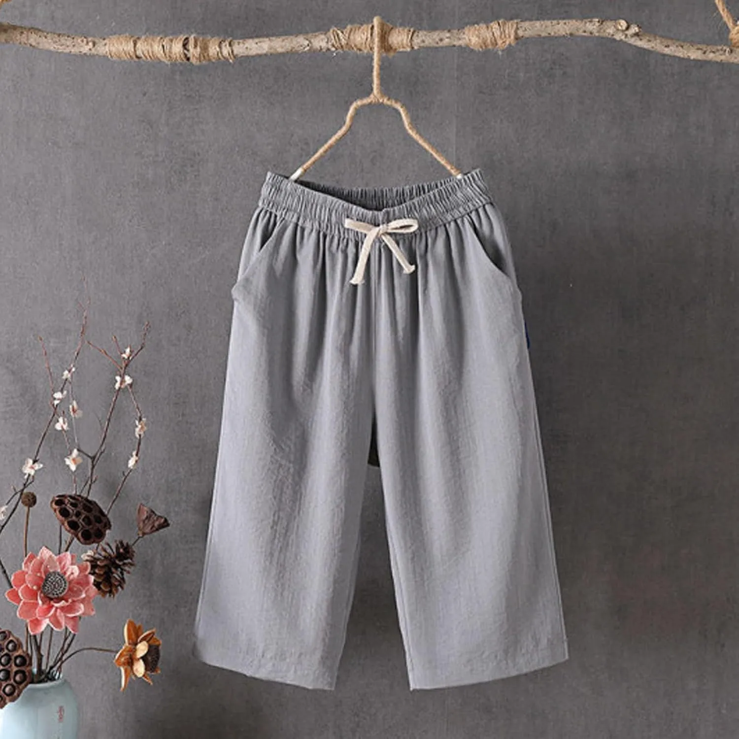 fanmpghleoo Linen Capri Pants for Women Plus Size Gaucho Linen Capris High Waisted Wide Leg Cropped Pants Comfy Lounge Pants