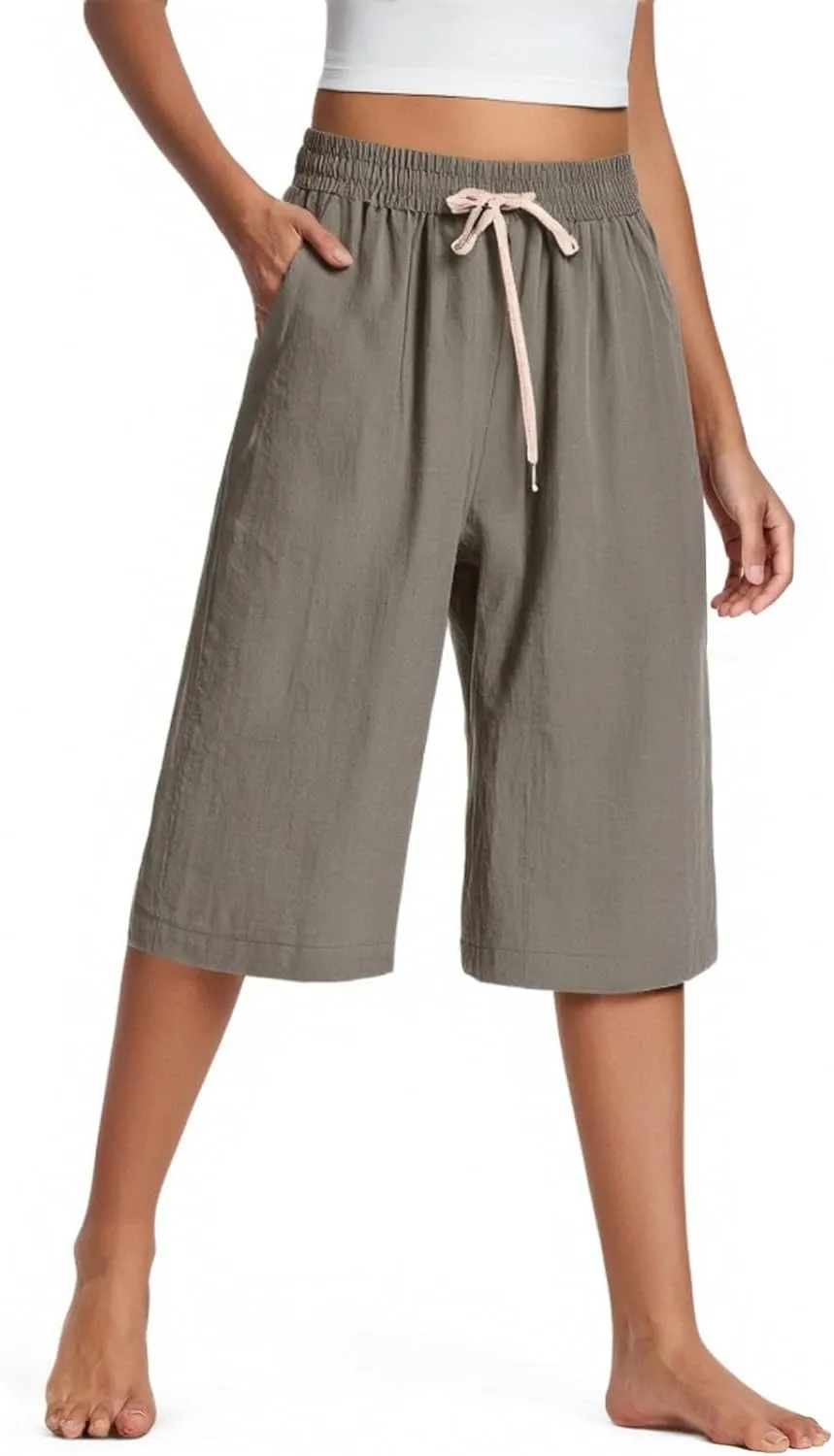 fanmpghleoo Linen Capri Pants for Women Plus Size Gaucho Linen Capris High Waisted Wide Leg Cropped Pants Comfy Lounge Pants
