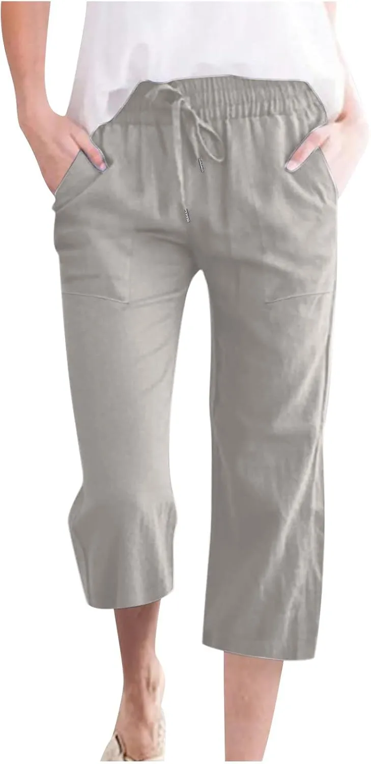 Fashion Capri Pants for Women Casual Solid Color Elastic Loose Pants Straight Wide Leg Trousers with Pocket