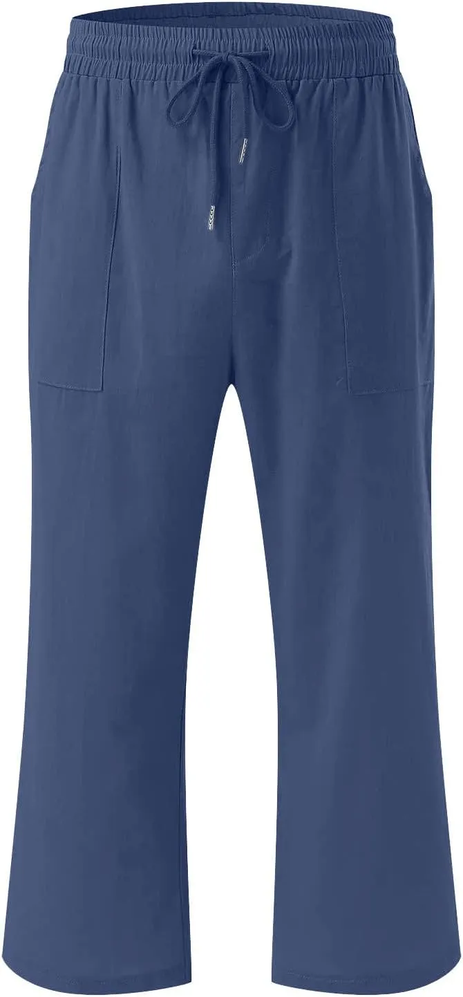 Fashion Capri Pants for Women Casual Solid Color Elastic Loose Pants Straight Wide Leg Trousers with Pocket