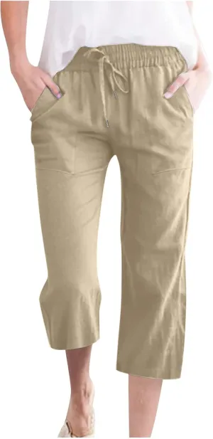 Fashion Capri Pants for Women Casual Solid Color Elastic Loose Pants Straight Wide Leg Trousers with Pocket