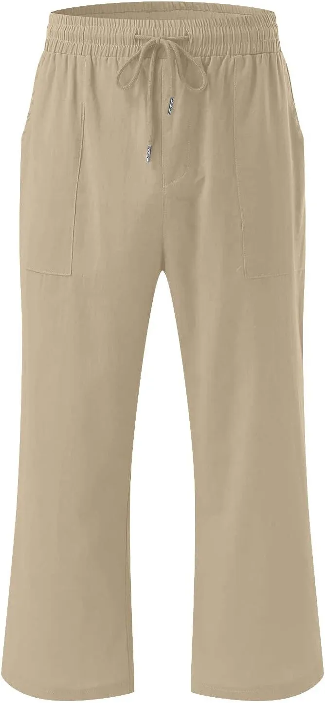 Fashion Capri Pants for Women Casual Solid Color Elastic Loose Pants Straight Wide Leg Trousers with Pocket