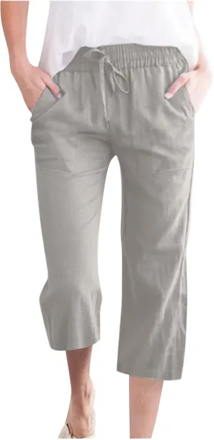 Fashion Capri Pants for Women Casual Solid Color Elastic Loose Pants Straight Wide Leg Trousers with Pocket