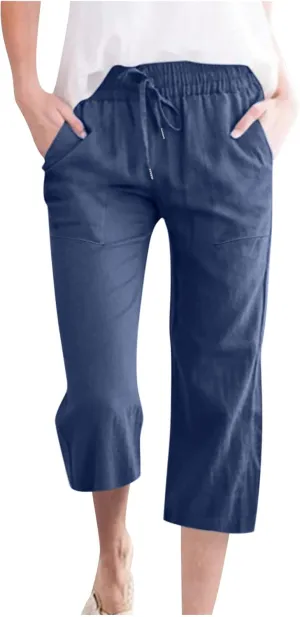 Fashion Capri Pants for Women Casual Solid Color Elastic Loose Pants Straight Wide Leg Trousers with Pocket