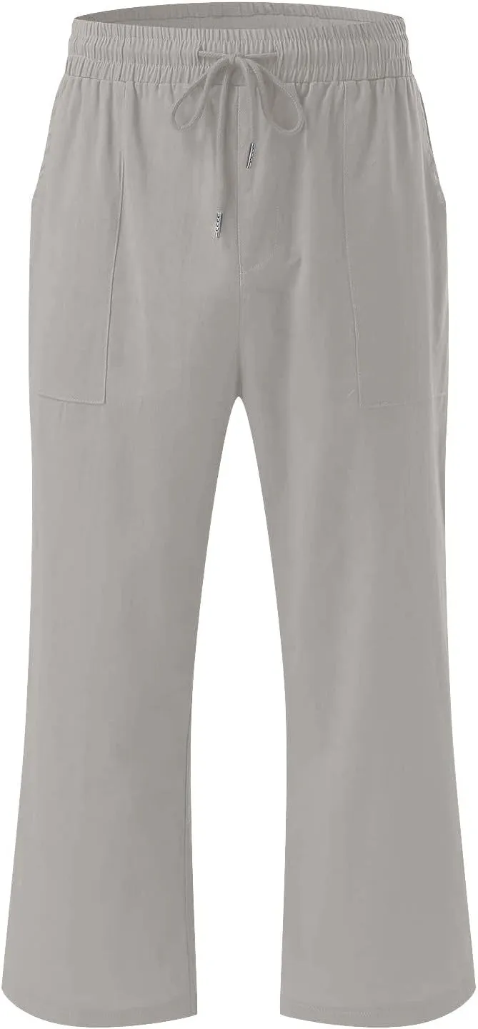 Fashion Capri Pants for Women Casual Solid Color Elastic Loose Pants Straight Wide Leg Trousers with Pocket