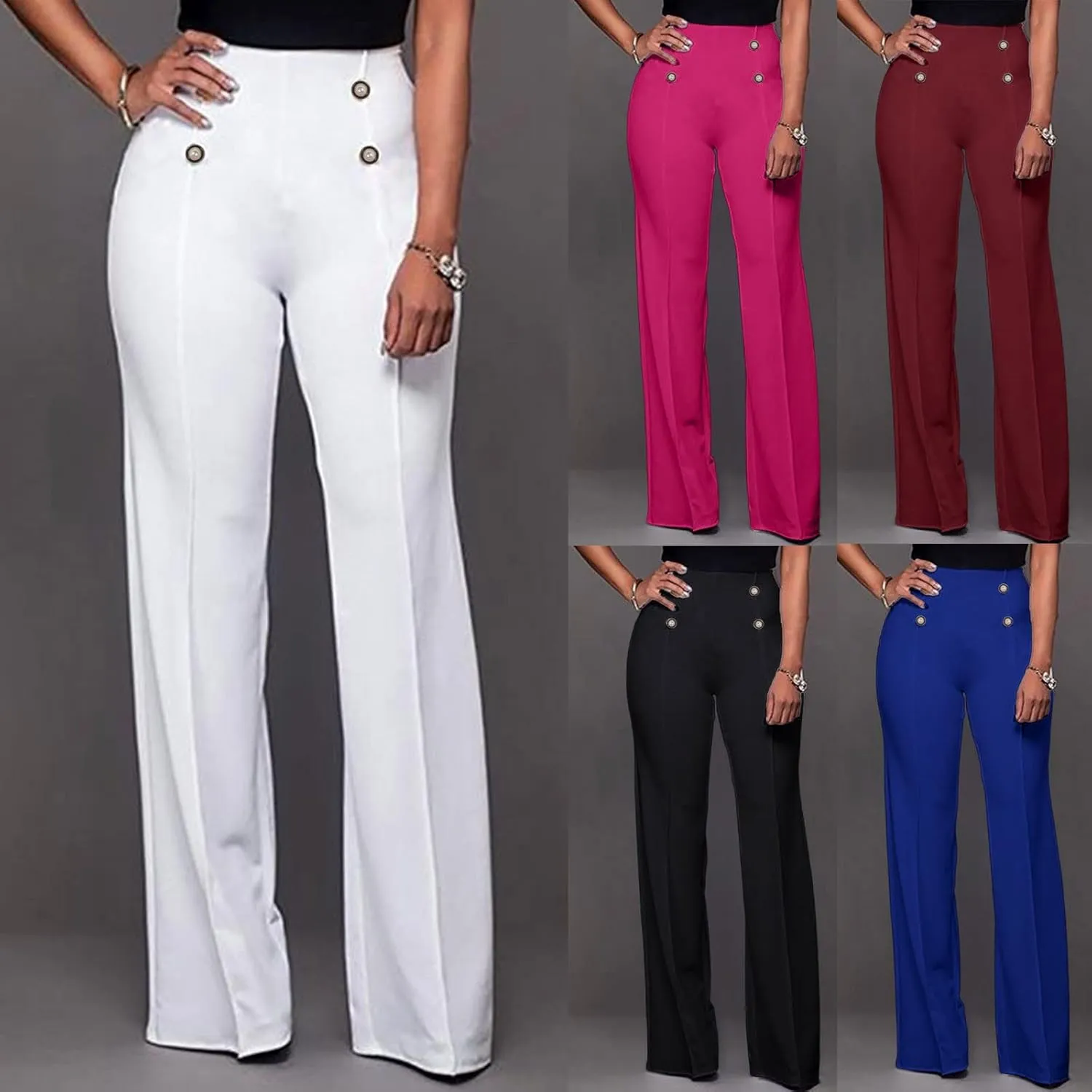 Fashion Ladies Exposed Buttons Curvy Flare Dress Pants Solid Color High Waisted Wide Leg Bell Bottom Trousers for Women