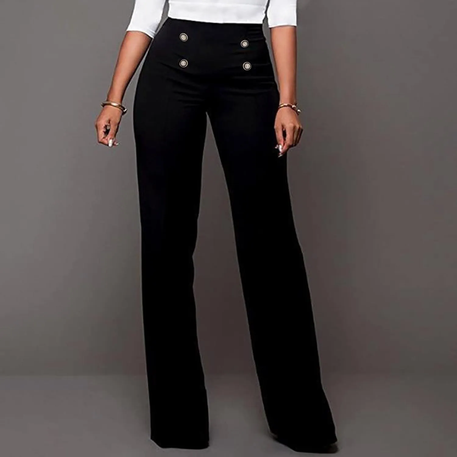Fashion Ladies Exposed Buttons Curvy Flare Dress Pants Solid Color High Waisted Wide Leg Bell Bottom Trousers for Women