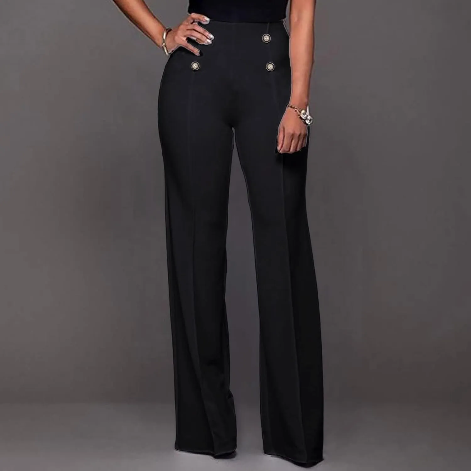 Fashion Ladies Exposed Buttons Curvy Flare Dress Pants Solid Color High Waisted Wide Leg Bell Bottom Trousers for Women