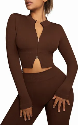 FeelinGirl Workout Sets for Women 2 Piece Gym Outfits High Waist Yoga Leggings and Long Sleeve Crop Top with Zipper