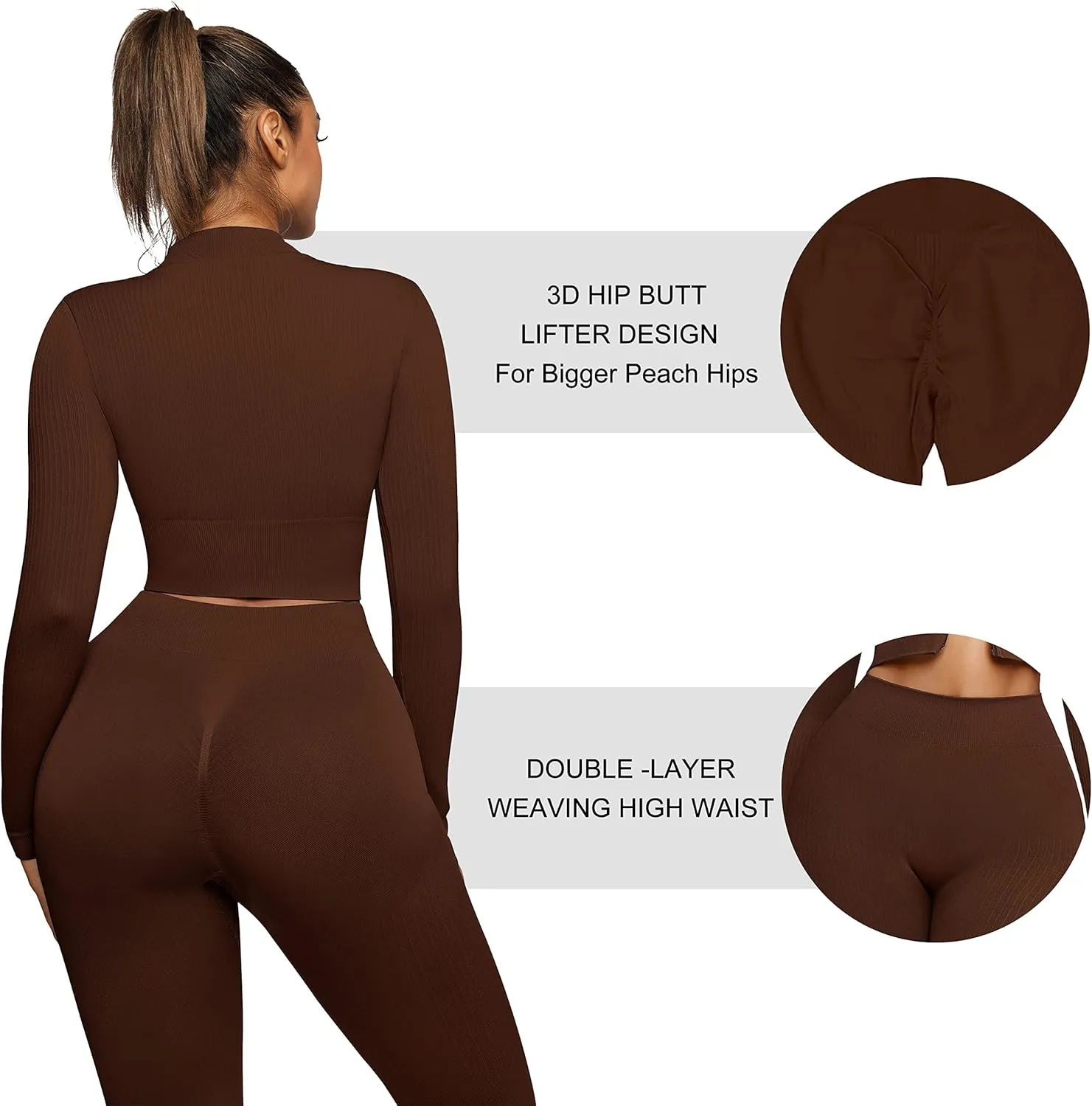 FeelinGirl Workout Sets for Women 2 Piece Gym Outfits High Waist Yoga Leggings and Long Sleeve Crop Top with Zipper