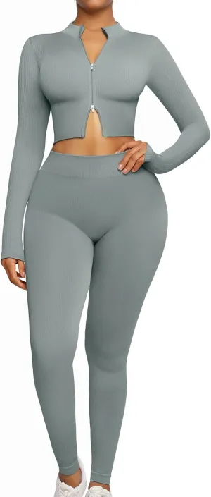 FeelinGirl Workout Sets for Women 2 Piece Gym Outfits High Waist Yoga Leggings and Long Sleeve Crop Top with Zipper