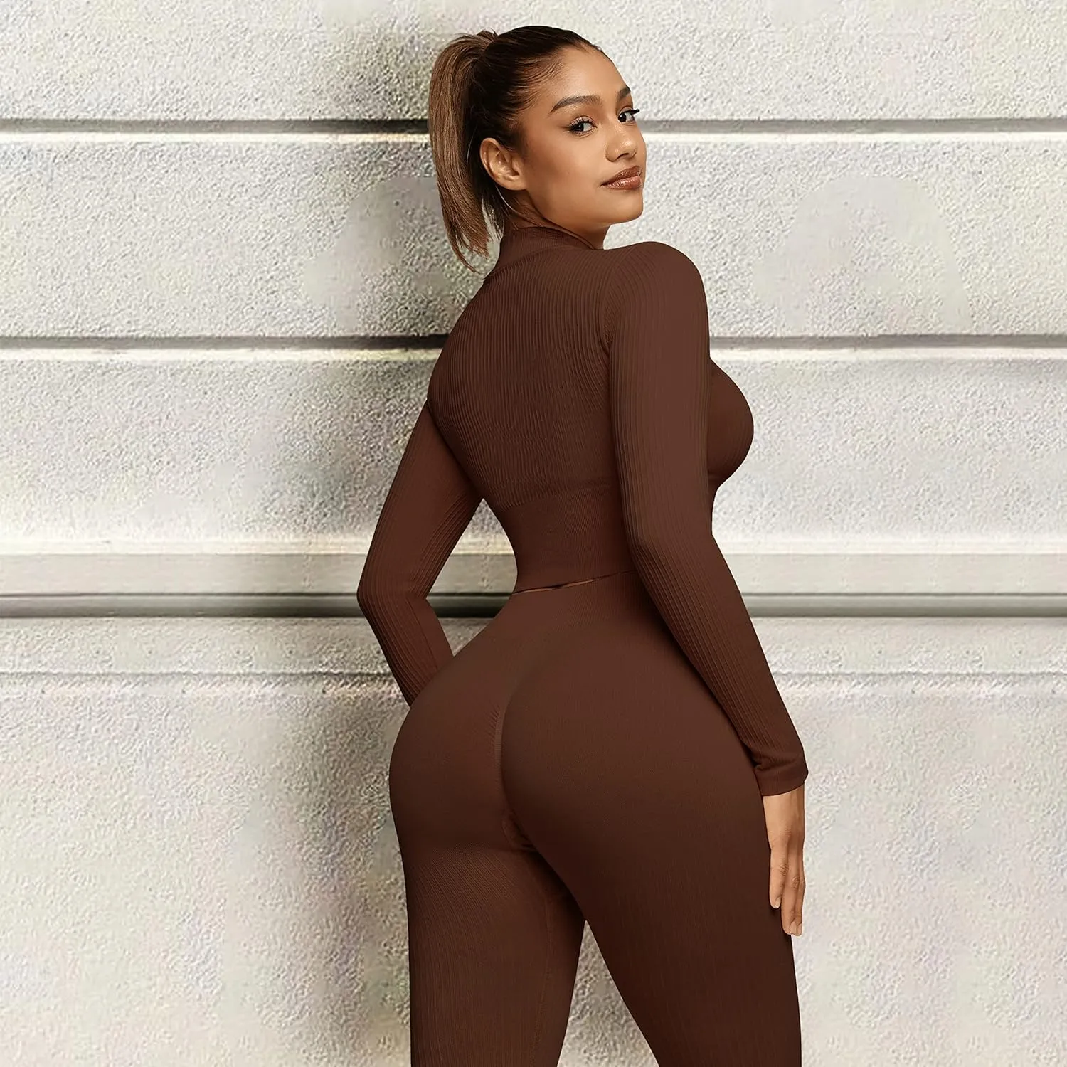 FeelinGirl Workout Sets for Women 2 Piece Gym Outfits High Waist Yoga Leggings and Long Sleeve Crop Top with Zipper