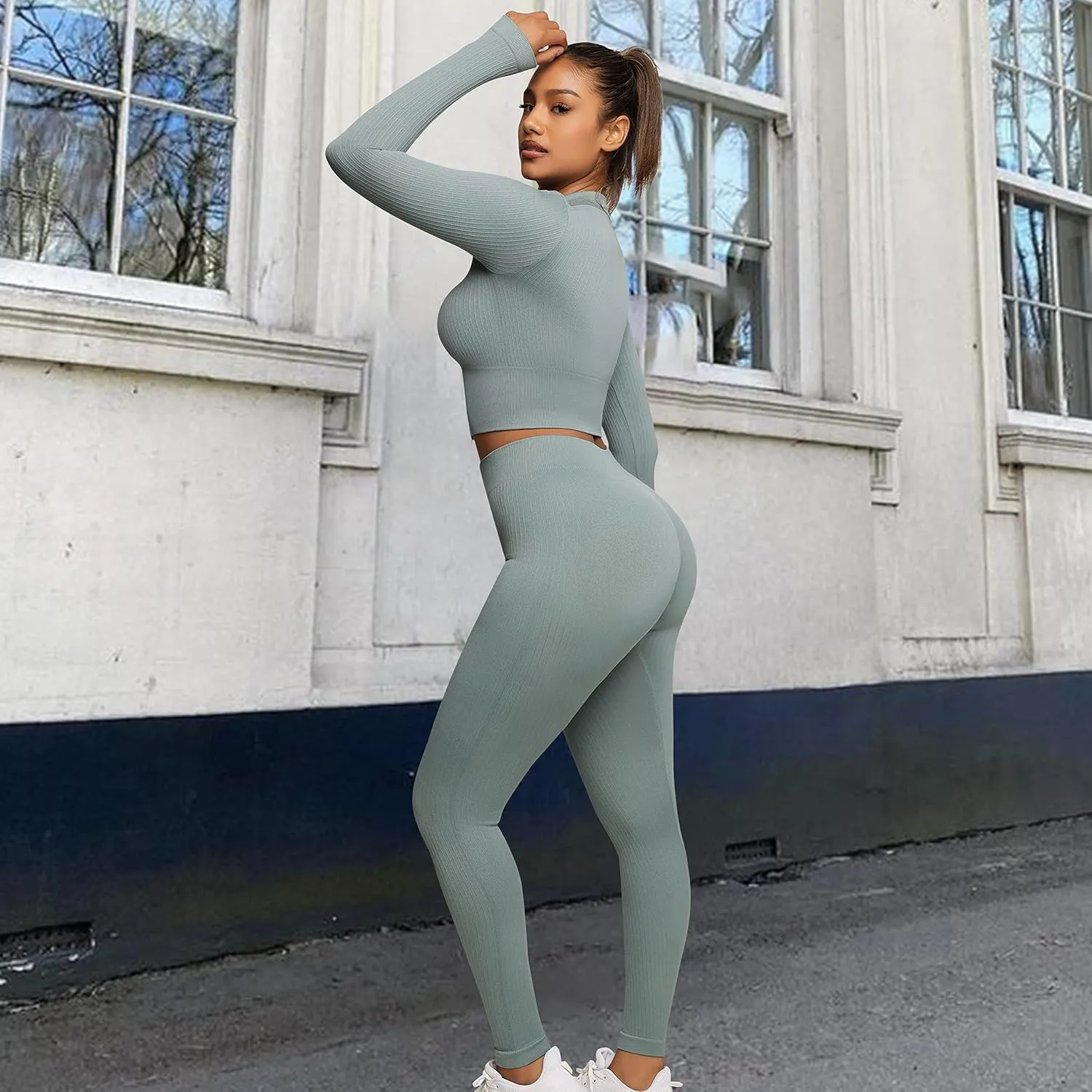 FeelinGirl Workout Sets for Women 2 Piece Gym Outfits High Waist Yoga Leggings and Long Sleeve Crop Top with Zipper