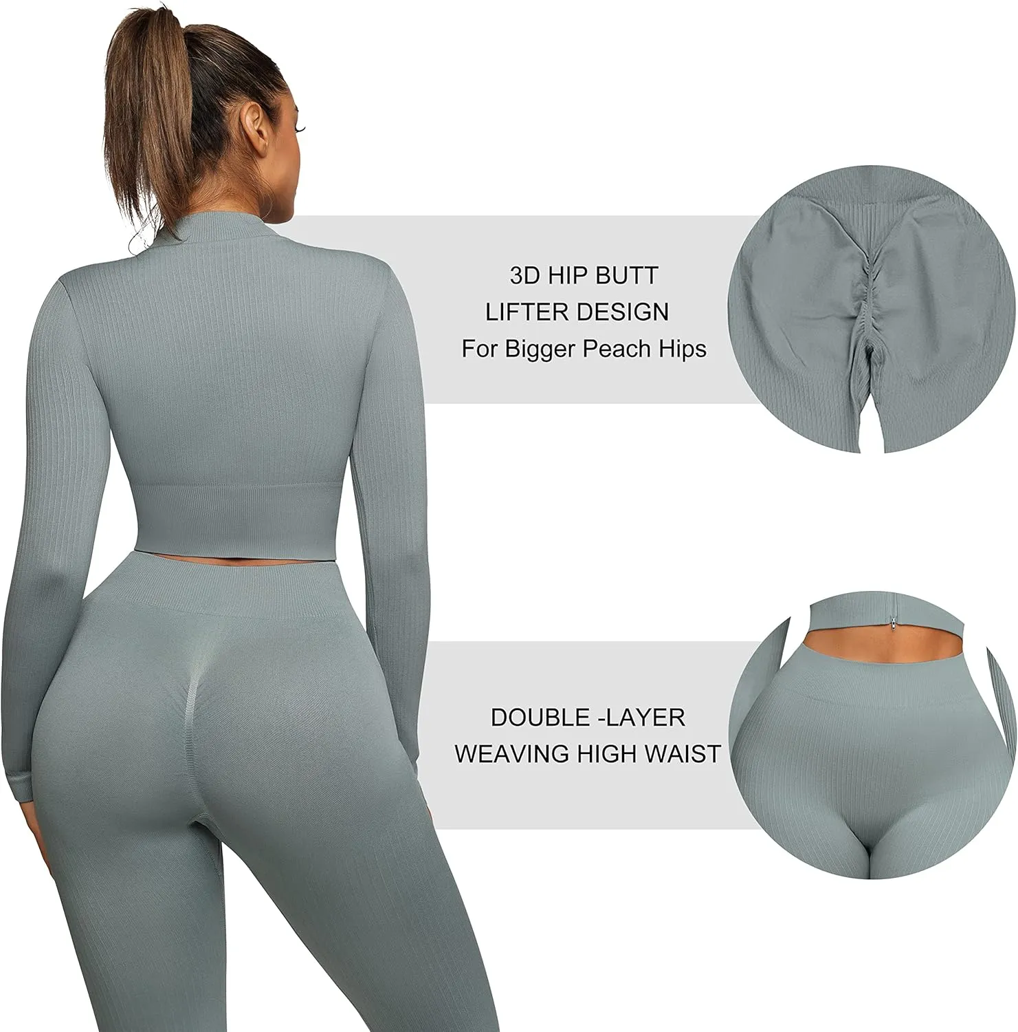 FeelinGirl Workout Sets for Women 2 Piece Gym Outfits High Waist Yoga Leggings and Long Sleeve Crop Top with Zipper