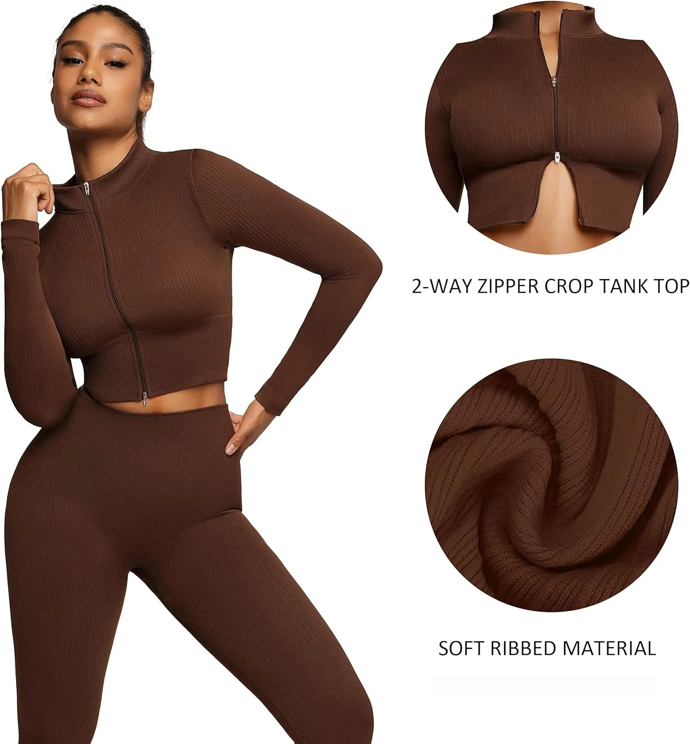 FeelinGirl Workout Sets for Women 2 Piece Gym Outfits High Waist Yoga Leggings and Long Sleeve Crop Top with Zipper