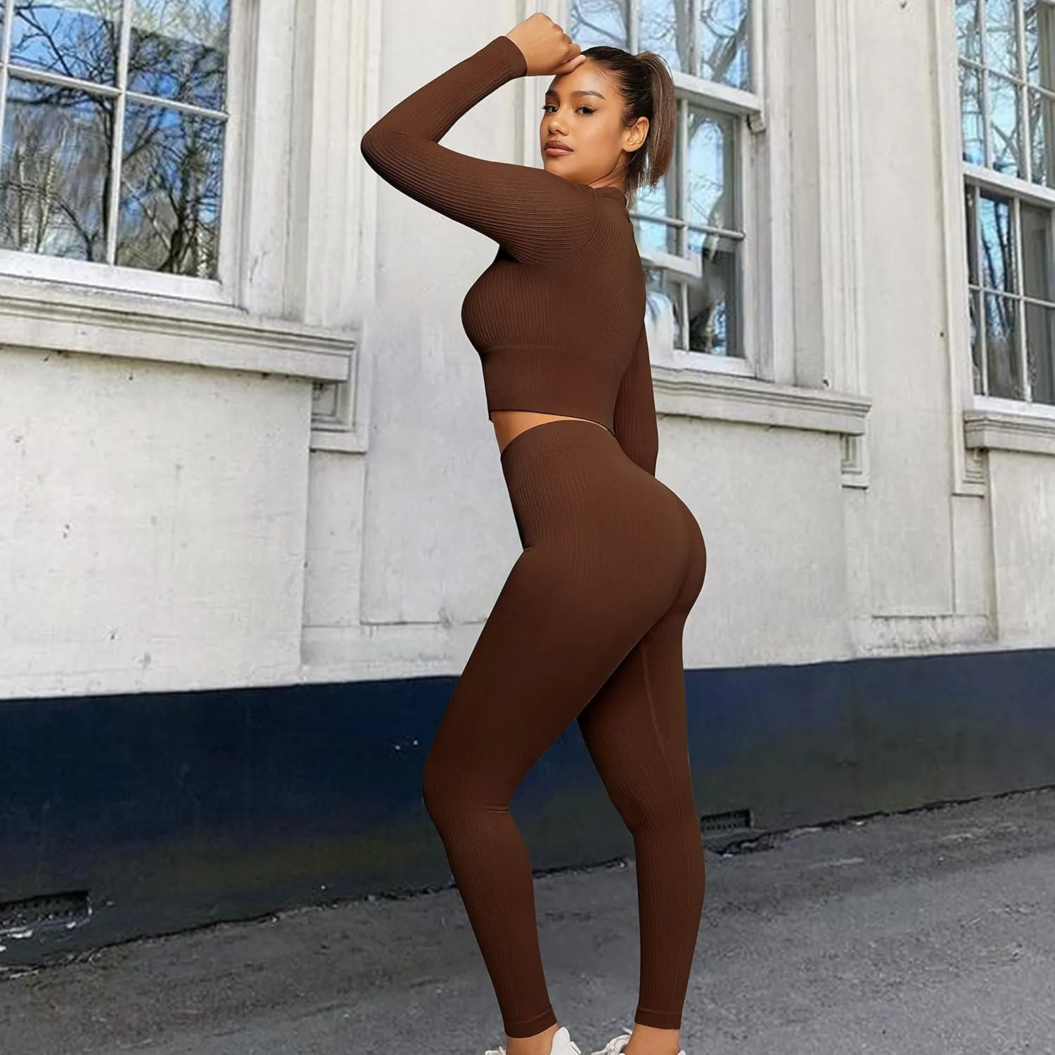 FeelinGirl Workout Sets for Women 2 Piece Gym Outfits High Waist Yoga Leggings and Long Sleeve Crop Top with Zipper
