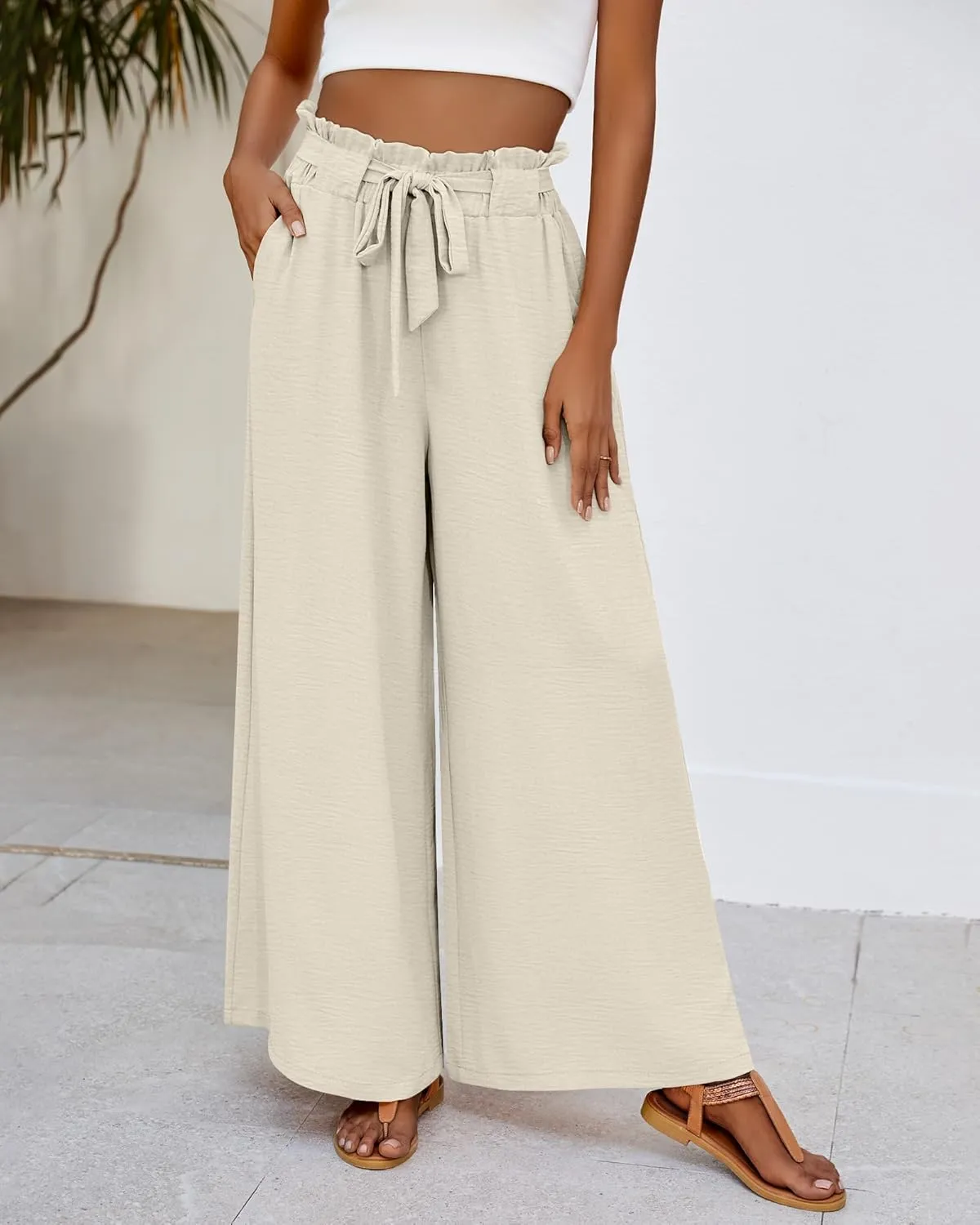 Ficerd Women's Wide Leg Pants Palazzo High Waisted Flowy Loose Casual 2025 Summer Beach Boho Baggy Trousers with Pockets
