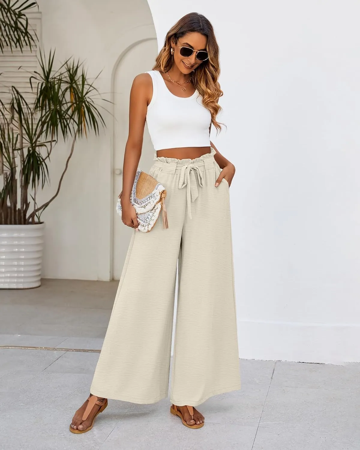 Ficerd Women's Wide Leg Pants Palazzo High Waisted Flowy Loose Casual 2025 Summer Beach Boho Baggy Trousers with Pockets