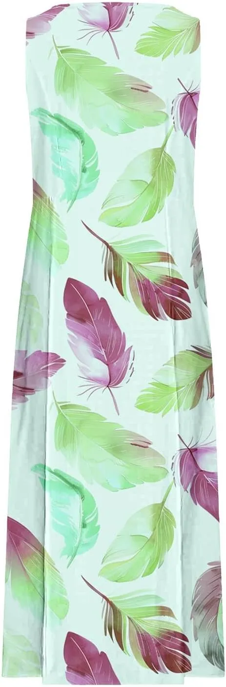 Finelylove Maxi Summer Dresses for Women Sleeveless Cotton Linen Boho Dress Loose Fit Floral Tank Dress Long Sundress Spring