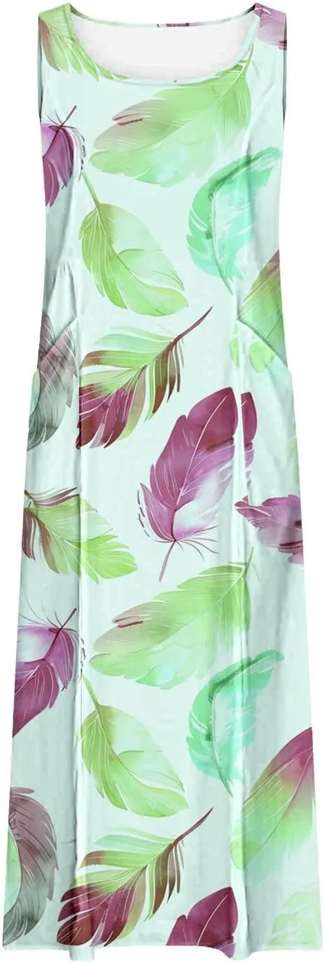 Finelylove Maxi Summer Dresses for Women Sleeveless Cotton Linen Boho Dress Loose Fit Floral Tank Dress Long Sundress Spring