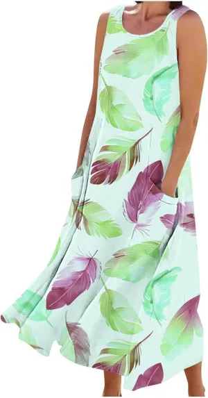 Finelylove Maxi Summer Dresses for Women Sleeveless Cotton Linen Boho Dress Loose Fit Floral Tank Dress Long Sundress Spring