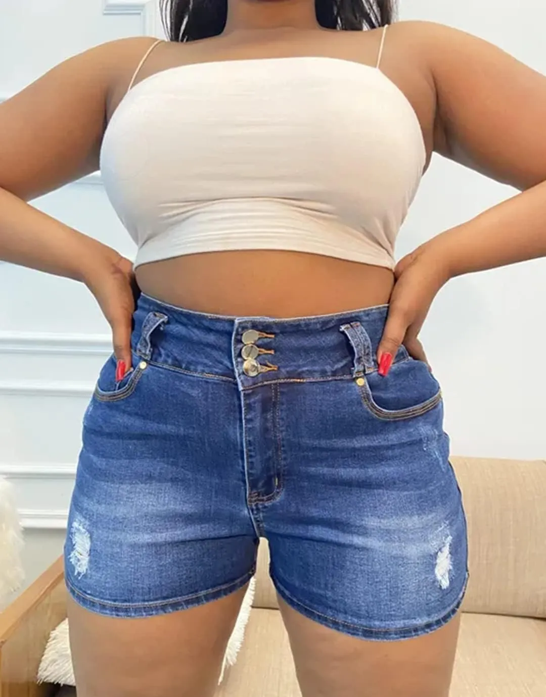 Flamingals Butt Lifting Shorts for Women High Waist Denim Jeans Shorts with Pockets Frayed Raw Ripped