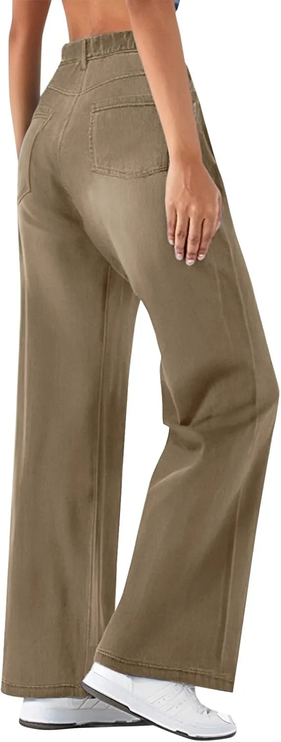 Flare Jeans for Women Cargo, Mid Rise Jeans for Women High Waisted Stretchy Wide Leg Summer Trousers Petite Baggy