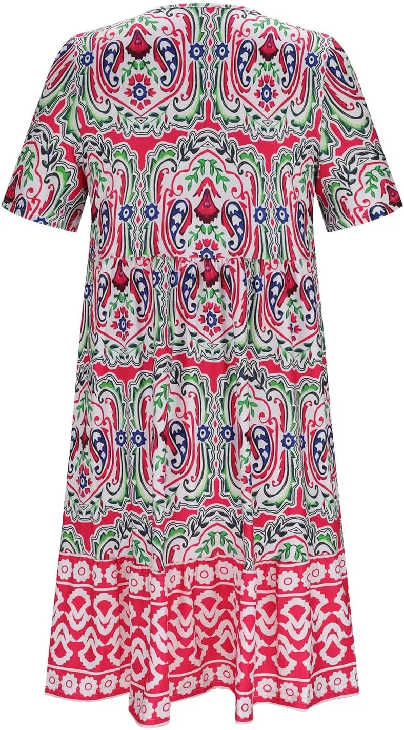 Floral Dresses for Women Short Sleeve V Neck Casual Summer Dress Loose Fit Shift Tank Dress 2025
