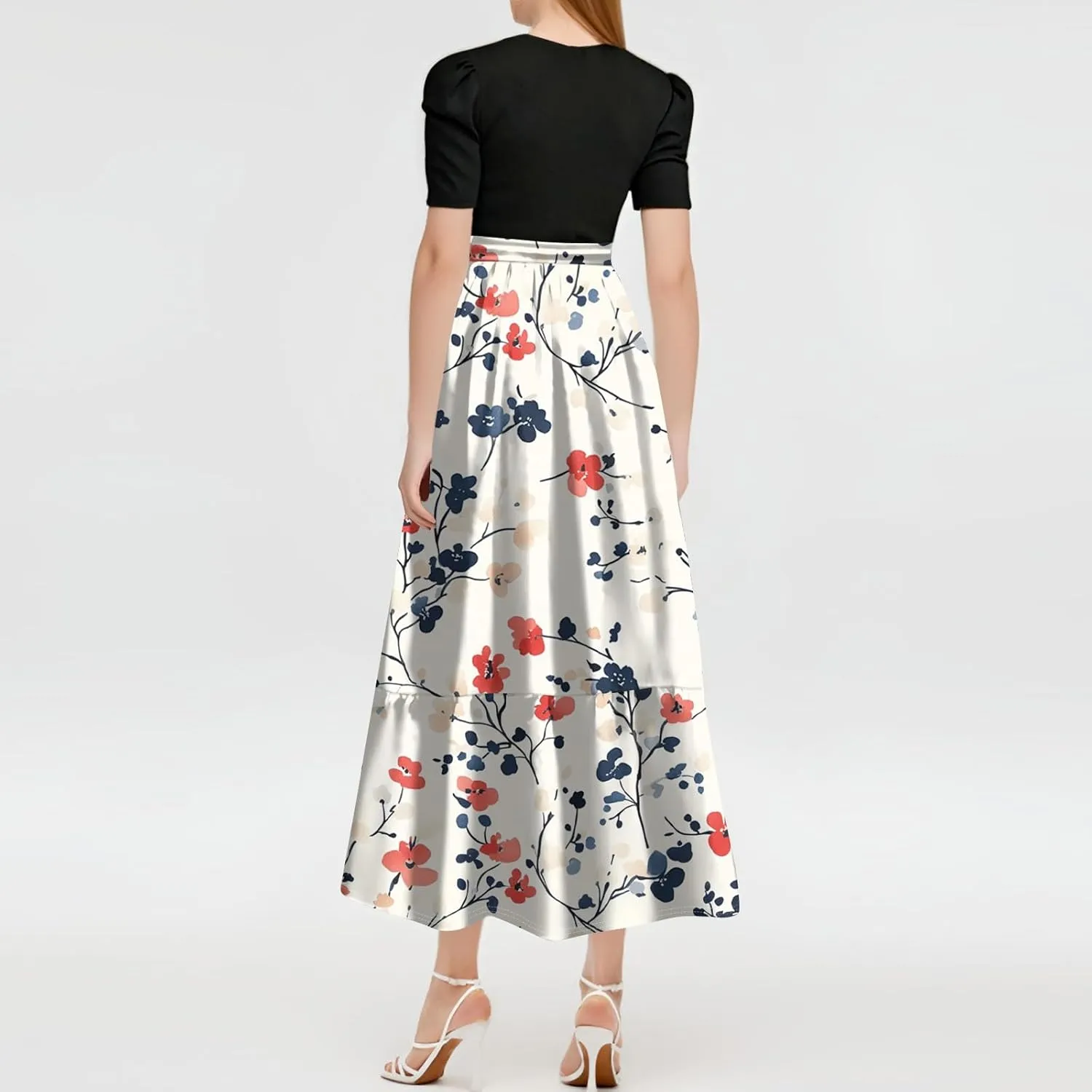 Floral Wedding Guest Dresses for Women- Y2k Tie Puff Short Sleeve Maxi Dress Flowy Patchwork Ruffle Hem Modest Dresses